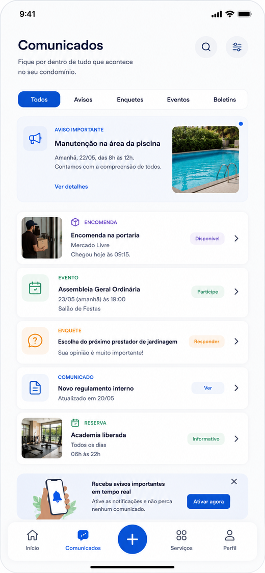Tela de comunicados do app