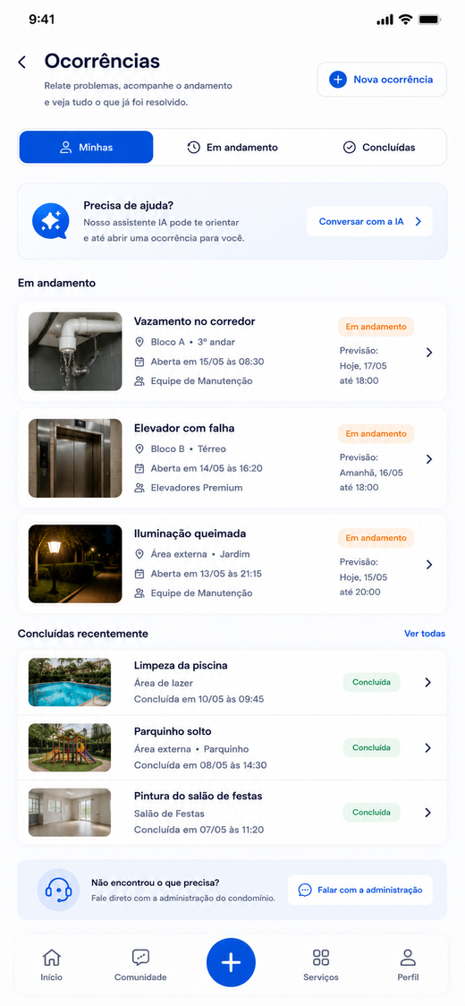 Tela de ocorrências do app