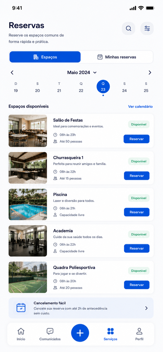 Tela de reservas do app